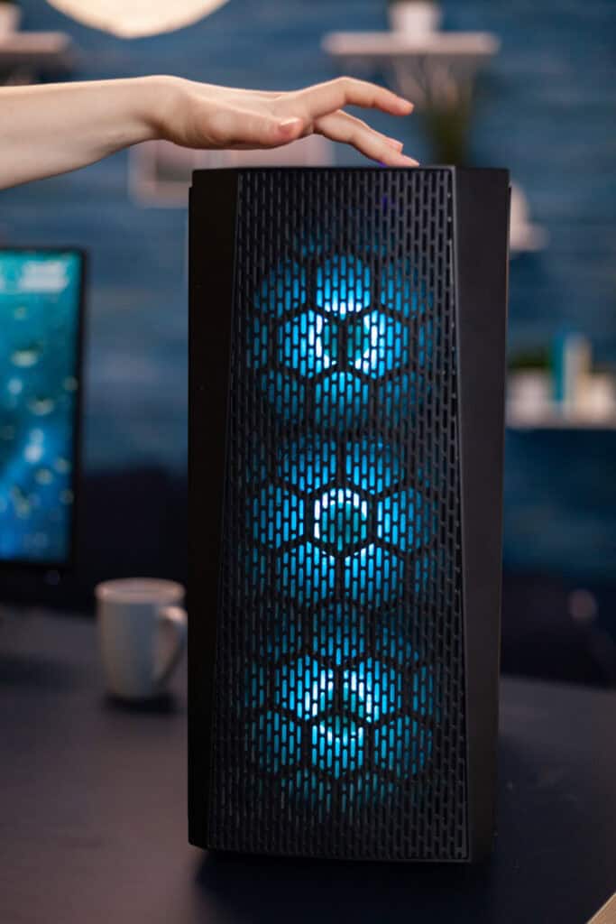 Gaming PC tower with RGB cooling fans for high-performance gaming.